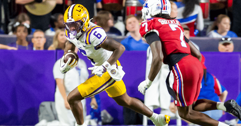 LSU tranfer WR Barion Brown had his breakout game in Week 2 (Photo: © SCOTT CLAUSE / USATODAY Network / USA TODAY NETWORK via Imagn Images)